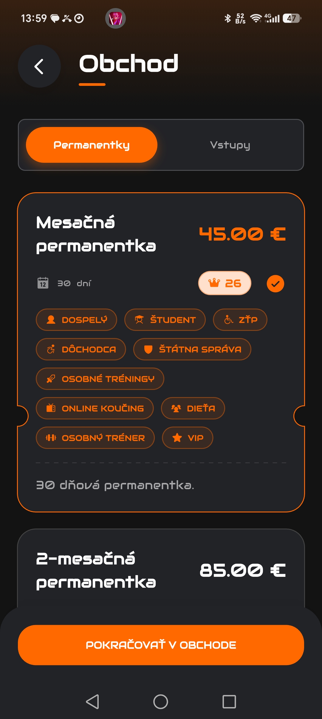 OnGym appka, registrácia a nákupy