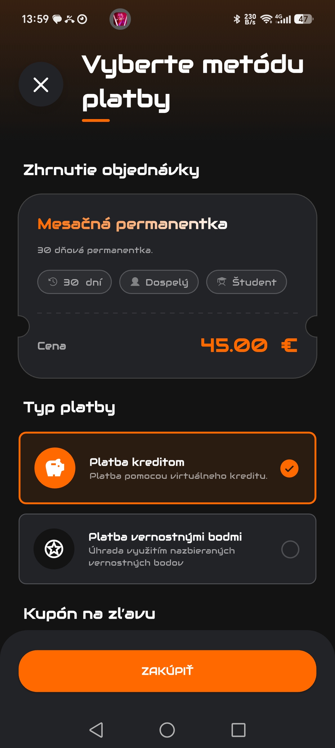 Branded aplikácia fitness centra, ukážka obrazovky