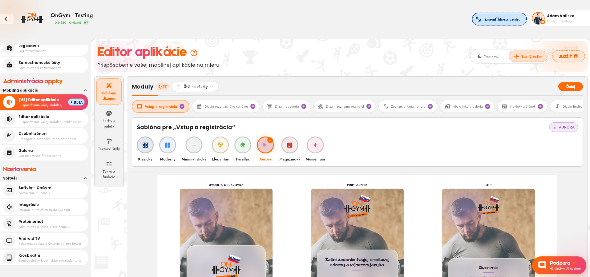 Editor aplikácie OnGym so živým náhľadom telefónu