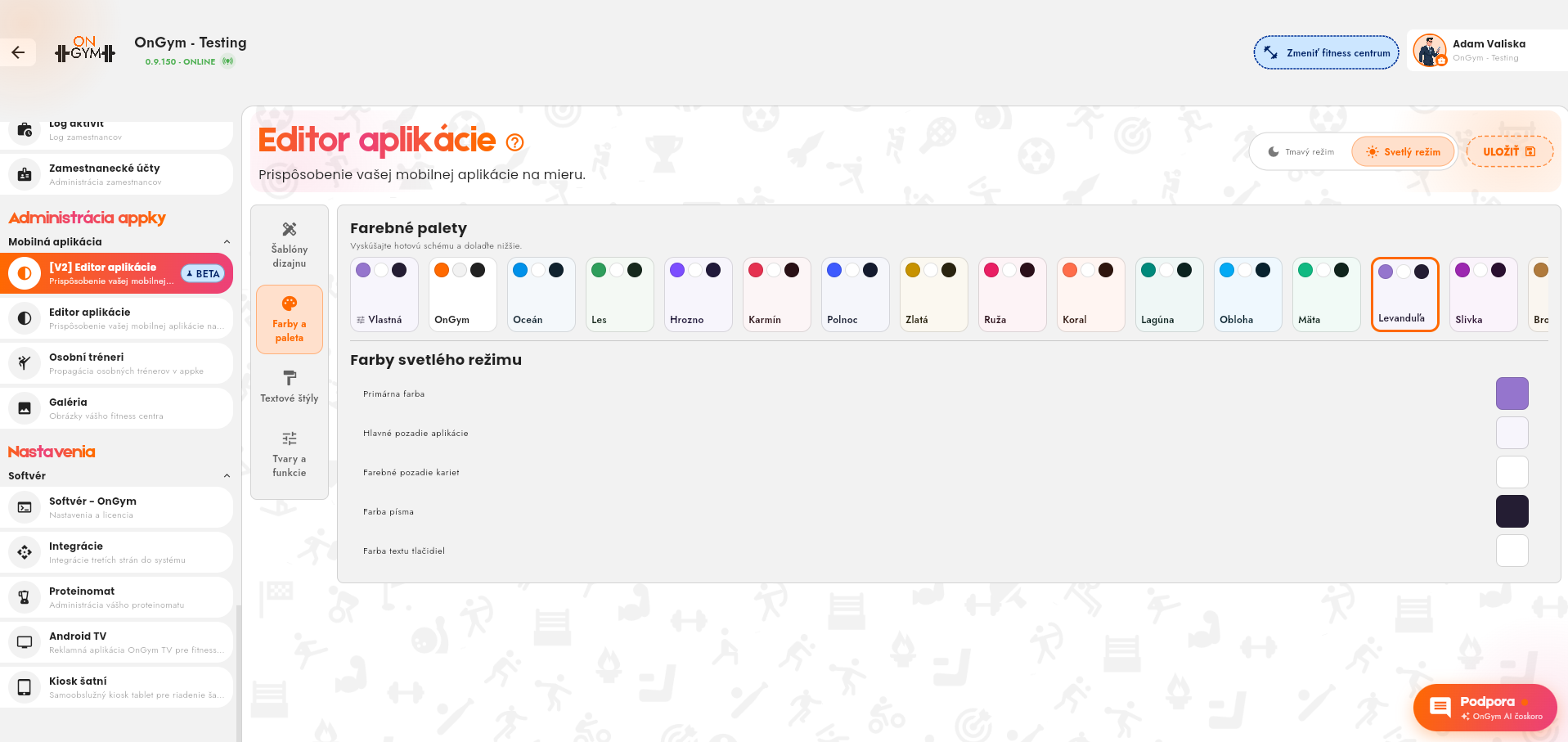 Editor aplikácie OnGym, prispôsobenie farieb