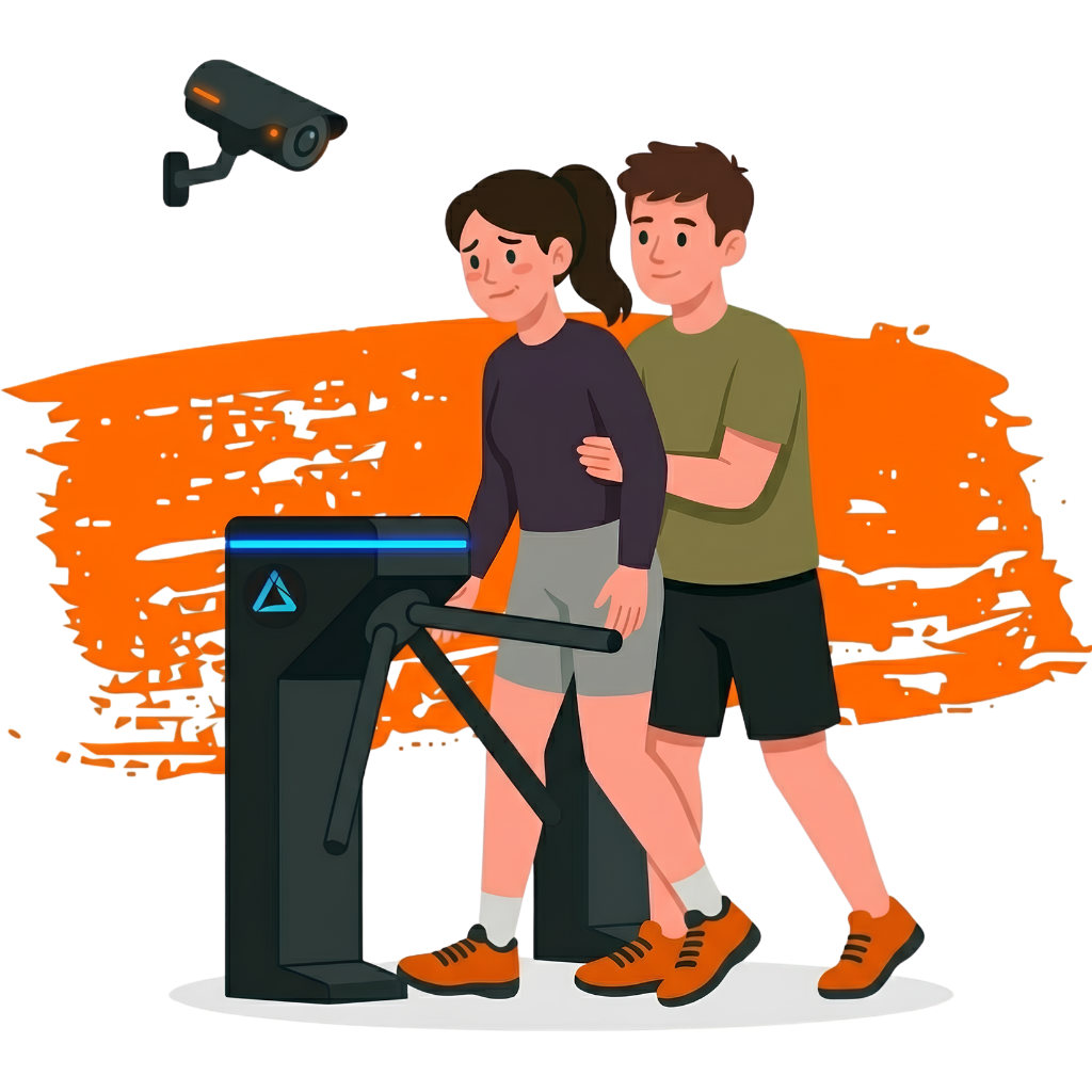 Dvaja ľudia prechádzajú cez turniket na jedno pípnutie – AI kamera OnGym deteguje tailgating